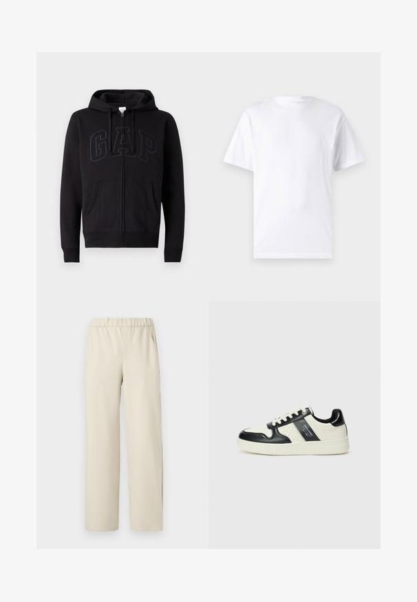 Black zip-up hoodie made of cotton blend. Features a kangaroo pocket, drawstring hood, and large GAP logo on the front in dark gray.; White short-sleeve t-shirt made of cotton with a crew neckline, featuring a smooth texture and simple design without patterns or accents.; Beige wide-leg pants with an elastic waistband, crafted from soft fabric. Features a smooth texture and no visible patterns or hardware.; Leather sneakers with a black and cream color scheme, featuring perforated accents, a padded collar, and a textured outsole.