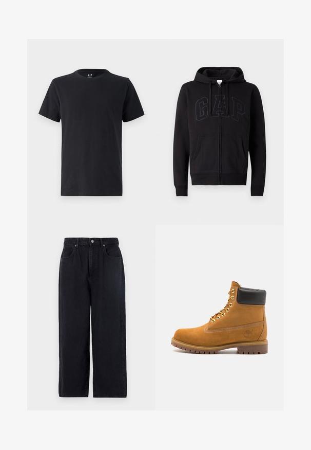 Svart hettegenser med glidelås laget av bomullsblanding. Har en kengurulomme, snøring i hetta og stor GAP-logo foran i mørkegrå.; Svart bomulls T-skjorte med rund hals og korte ermer. Glatt tekstur, vanlig passform, med GAP-logo på kragen.; Sorte denim bukser med rett ben-design, som har fem lommer, knappelukking og en ren finish. Holdbart stoff med en matt tekstur.; Beige semskede ankelstøvel med svart polstret krage, gullmetalløyer, hvite sømdetaljer og robust gummisåle med påfallende mønster.