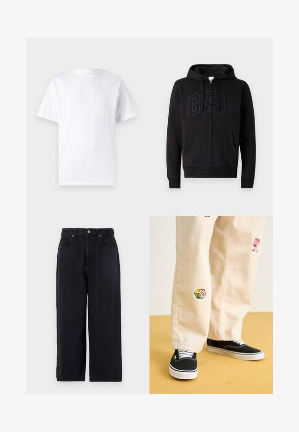 Black zip-up hoodie made of cotton blend. Features a kangaroo pocket, drawstring hood, and large GAP logo on the front in dark gray.; White short-sleeve t-shirt made of cotton with a crew neckline, featuring a smooth texture and simple design without patterns or accents.; Black denim pants with a straight leg design, featuring five pockets, a button closure, and a clean finish. Durable fabric with a matte texture.; Beige cotton pants with playful embroidered designs including a pink character and colored block, paired with black lace-up sneakers.