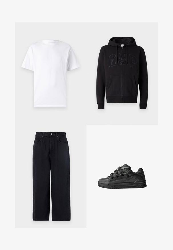 Sort zip-up hoodie lavet af bomuldsblanding. Har en kängerupocket, snøre i hætten og stort GAP-logo på fronten i mørkegrå.; Hvid kortærmet t-shirt lavet af bomuld med rund hals, der har en glat tekstur og et simpelt design uden mønstre eller accenter.; Sorte denimbukser med lige ben, der har fem lommer, knaplukning og en ren finish. Holdbart stof med en mat tekstur.; Sorte sneakers med en glat læderoverdel, teksturerede accenter og runde sorte og hvide snørebånd. Tyk gummisål med et mønstret slidbanemønster.