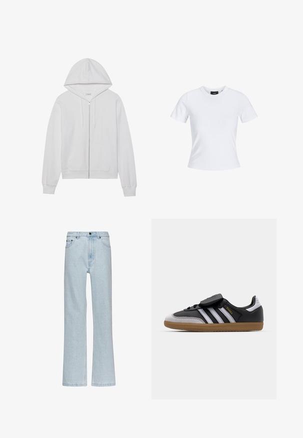 Vit zip-up hoodie i bomull, utrustad med huva, framfickor och ribbade ärmslut. Mjuk textur med en enkel och ren design.; Vit t-shirt med kort ärm och rund halsringning, tillverkad av bomullsmaterial, med en figursydd silhuett och en svart märkesetikett inuti kragen.; Karl Kani SMALL SIGNATURE FIVE POCKET STRAIGHT LEG DENIM - Jeans relaxed fit - bleached blue; Svart läder och gråmocka sneakers med vita ränder, gummisula, snörning framtill och kardborreband. Har "Samba"-logotyp i guld.