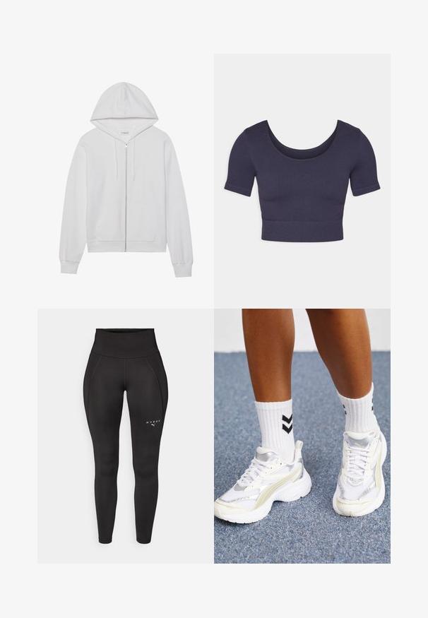 Bela zip-up kapuca iz bombaža, z žepoma spredaj in rebrastimi manšetami. Mehka tekstura s preprostim, čistim dizajnom.; Mornarska kratka majica s kratkimi rokavi, izdelana iz rebraste tkanine. Ima okrogel izrez in prilegan kroj.; Črne atletske legice z visokim pasom, ki imajo gladko teksturo in ravne šive. Logo je natisnjen v beli barvi na levi strani.; Beli športni copati s srebrnimi detajli, mrežnim materialom in masivnim oblikovanjem. Ujemajo se z belimi nogavicami, ki imajo črne črte v obliki čevlja.
