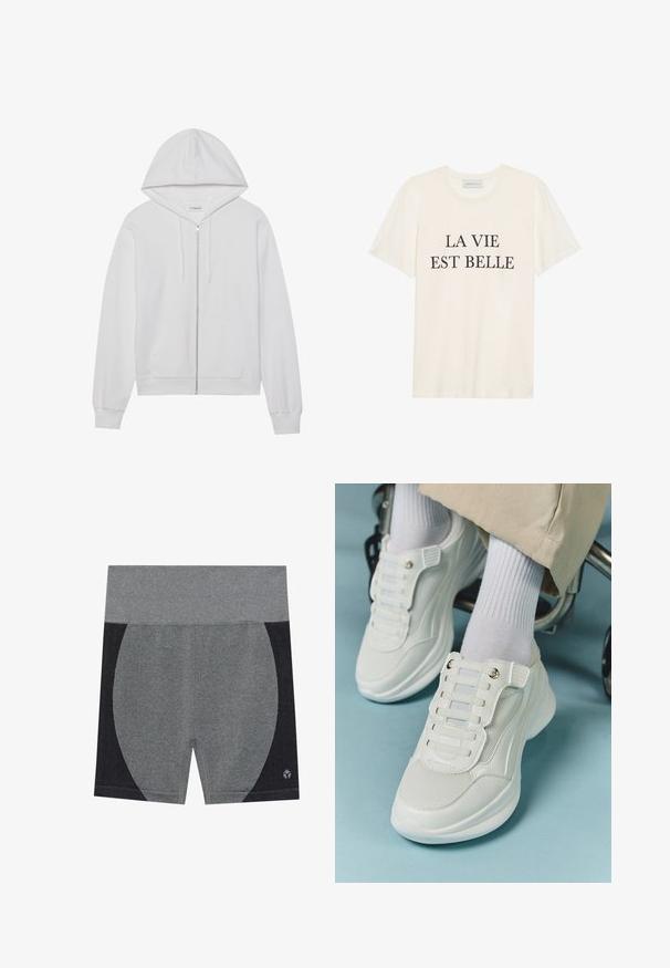 White zip-up hoodie made of cotton, featuring a hood, front pockets, and ribbed cuffs. Soft texture with a simple, clean design.; Cream-colored cotton T-shirt with short sleeves and a round neckline. Features black text “LA VIE EST BELLE” centered on the front.; Gray athletic shorts with a wide elastic waistband. Features a textured black side panel and a logo on the bottom right. Smooth material.; White sneakers featuring a mesh material, rubber sole, lace-free design with elastic bands, and gold-toned accents.