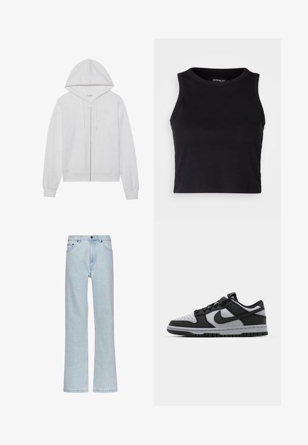 Valge tõmblukkudega kapuutsiga pusa, mis on valmistatud puuvillast. Esiosal on taskud ja soonikkoes mansetid. Pehme tekstuur ja lihtne, puhas disain.; Mustard ribaga lõhikuga crop top, millel on ümar kaelus ja ilma varrukateta disain. Valmistatud pehmest ja venivast kangast, millel on puhtad äärised.; Karl Kani SMALL SIGNATURE FIVE POCKET STRAIGHT LEG DENIM - Avar lõikega teksad - bleached blue; Mustad ja hallid Nike Dunk madalad tossud, millel on perforeeritud varvas, siledad nahkaktsendid ja kummist tald, millel on tekstuurne mustrimuster.