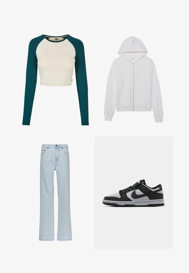 Hvid hættejakke med lynlås lavet af bomuld, har en hætte, forlommer og ribbede ærmer. Blød tekstur med et enkelt, rent design.; Kort top med lange ærmer. Har en cremet krop og teal-farvede ærmer. Lavet af blød bomuld, med rund halsudskæring og minimale søm detaljer.; Karl Kani SMALL SIGNATURE FIVE POCKET STRAIGHT LEG DENIM - Jeans Relaxed Fit - bleached blue; Sorte og grå Nike Dunk low-top sneakers med perforeret tå, glatte læderdetaljer og gummisål med struktureret mønster.
