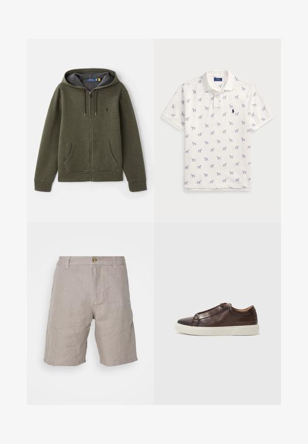 Felpa verde con zip, dotata di tasca a marsupio, cappuccio regolabile con cordino e fodera grigia. Presenta un piccolo logo sul petto. Tessuto morbido e texture.; Polo bianco in cotone, con motivo a cani blu ripetuto e un piccolo logo blu sul petto. Maniche corte e colletto.; Pantaloni corti in lino beige con vestibilità rilassata, dotati di chiusura a bottone, passanti per la cintura e una texture liscia. Senza motivi o dettagli visibili.; Sneaker in pelle marrone con punta arrotondata, suola in gomma bianca a contrasto, dettagli cuciti e nessun lace visibile. Texture complessiva liscia.