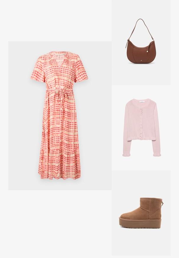 Vaaleanpunainen neulottu kardigan, jossa on pyöreä kaula-aukko, napit edessä ja röyhelöreunus hihoissa ja helmassa. Pehmeä rakenne, lyhyt malli.; Kevyt, polvipituinen mekko, jossa on V-neulospääntie, lyhyet hihat ja solmittava vyötärö. Kuosi koostuu punaisista ja vaaleanpunaisista ruuduista, ja helma on röyhelöillä.; Tan suede nilonini kidogo chukua na sahani ya jukwaa, mguu wenye umbo la duara, na mapambo ya kushona; inajumuisha kipande cha kubana nyuma kwa kuvaa kwa urahisi.; Ruskea keinonahkainen olkalaukku, jossa on kaareva muoto, minimaalinen ompelu ja kultasävyinen varuste. Varustettu ylhäältä avautuvalla vetoketjullisella suljennalla ja säädettävällä hihnalla.