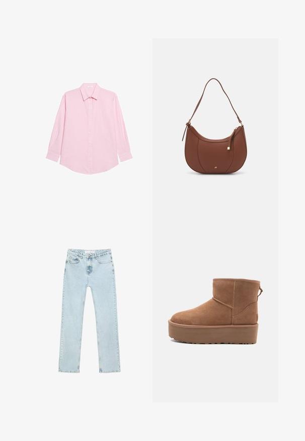 Light pink knitted cardigan with a round neckline, button front, and ruffled trim at the cuffs and hem. Soft texture, cropped fit.; Yamamay Button-down blouse - rose plain; Light blue straight-leg jeans made of denim. Features front pockets, a zip-fly with a button, and visible stitching along the seams.; Tan suede ankle boot with a platform sole, rounded toe, and stitching accents; features a pull tab at the back for easy wear.; Brown faux leather shoulder bag with curved shape, minimal stitching, and a gold-tone hardware accent. Features a top zipper closure and adjustable strap.