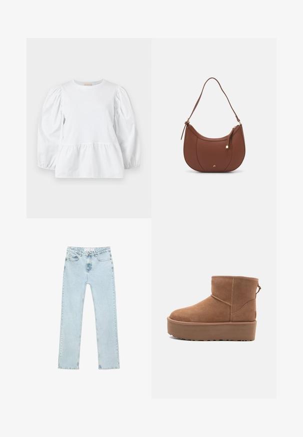 Lyserød strikket cardigan med rund hals, knaplukning foran og flæse detaljer ved ærmerne og kanten. Blød tekstur, kortere pasform.; Hvid bluse med rund halsudskæring, puffede lange ærmer og en lagdelt flæsekant. Lavet af glat stof uden synlige mønstre eller metaldele.; Lyseblå straight-leg jeans lavet af denim. Har forlommer, en lynlås med knap og synlige sømme langs sømmene.; Tan ruskinds ankelstøvle med platformssål, rund tå og syninger; har en løkke bagpå for nem påtagning.; Brun faux læder skuldertaske med buet form, minimal syning og en guldtonet hardwaredetalje. Har en top lynlåslukning og justerbar rem.