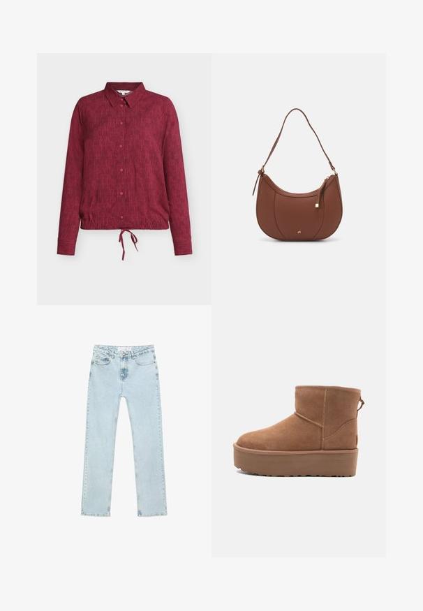 Svetloružový pletený kardigán s okrúhlym výstrihom, gombíkovým zapínaním a volánovým lemom na rukávoch a na spodnom leme. Mäkká textúra, skrátený strih.; bordová košeľa so zapínaním na gombíky a s golierom, ktorá má vertikálnu pruhovanú textúru, dlhé rukávy a zaväzovací detail na spodnom leme.; Svetlomodré rovné džínsy vyrobené z denimu. Majú predné vrecká, zips s gombíkom a viditeľné švy pozdĺž okrajov.; Hnedé semišové členkové čižmy s platformou, okrúhlou špičkou a zdobením stehov; majú slučku zozadu pre jednoduché obúvanie.; Hnedá umelá kožená taška cez rameno s zakriveným tvarom, minimalistickým šitím a zlatými akcentami. Obsahuje zips na vrchu a nastaviteľný popruh.