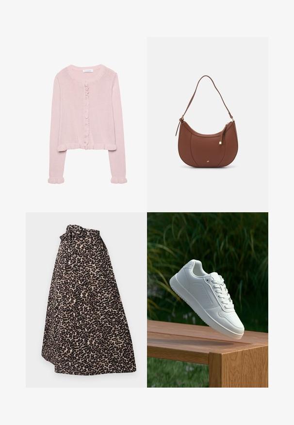 Svetloružový pletený kardigán s okrúhlym výstrihom, gombíkovým zapínaním a volánovým lemom na rukávoch a na spodnom leme. Mäkká textúra, skrátený strih.; Jednoduché biele tričko vyrobené z bavlny s okrúhlym výstrihom, krátkymi rukávmi a voľným strihom. Hladká textura bez vzorov alebo akcentov.; Maxi sukňa s leopardím vzorom v hnedej a čiernej farbe, vyrobená z jemného materiálu, s viazaným pásom a plisovaným dizajnom pre prúdiaci siluetu.; Biele tenisky s hladkým syntetickým zvrškom, perforovanou špičkou, plochými šnúrkami a textúrovanou podrážkou, vystavené na drevenej ploche.; Hnedá umelá kožená taška cez rameno s zakriveným tvarom, minimalistickým šitím a zlatými akcentami. Obsahuje zips na vrchu a nastaviteľný popruh.