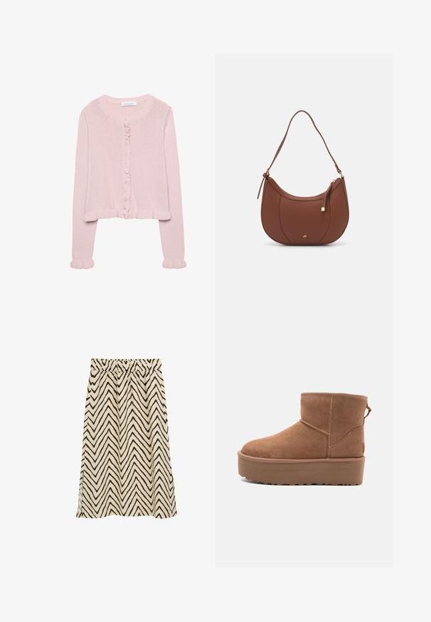 Lichtroze gebreide cardigan met een ronde halslijn, knoopsluiting en gerimpelde afwerking bij de manchetten en de zoom. Zachte textuur, cropped pasvorm.; Effen wit T-shirt van katoen met een ronde hals, korte mouwen en een relaxte pasvorm. Glad textuur zonder patronen of accenten.; Elastische tailleband rok in beige met donkerbruine zigzagstrepen; lichtgewicht stof met een iets gestructureerd gevoel; zijslits voor extra beweging.; Tan suède enkellaars met een platformzool, ronde neus en stiksels; heeft een trekband aan de achterkant voor gemakkelijke instap.; Bruine faux leren schoudertas met een gebogen vorm, minimale stiksels en een gouden hardware-accent. Voorzien van een bovenste ritsluiting en een verstelbare schouderband.