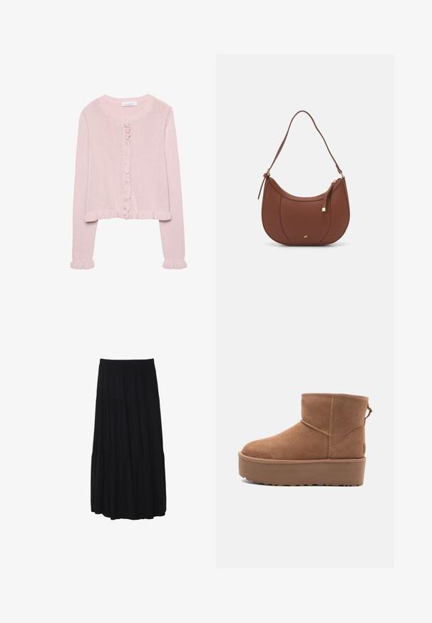 Svijetloružičasti pleteni kardigan s okruglim izrezom, prednjim gumbima i naboranim rubovima na manžetama i donjem dijelu. Mekana tekstura, skraćeni kroj.; Obična bijela majica od pamuka s okruglim izrezom, kratkim rukavima i ležernim krojem. Glatka tekstura bez uzoraka ili dodataka.; Crna midi suknja s višestrukim slojevima i elastičnim pojasom, izrađena od mekanog materijala, s lepršavim siluetom i glatkom teksturom.; Svijetlosmeđi antilop čizmice do članka s platformom, okruglim vrhom i ukrasnim šavovima; ima petnu traku za lakše obuvanje.; Smeđa torba od umjetne kože s zakrivljenim oblikom, minimalnim šavovima i zlatnim metalnim detaljima. Ima zatvaranje na gornjoj strani sa patentnim zatvaračem i podesivu naramenicu.