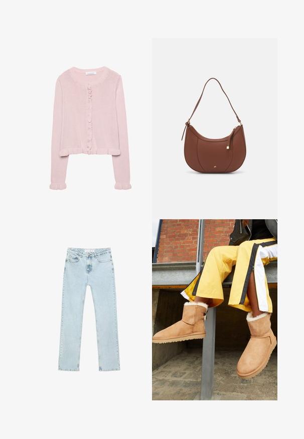 Lichtroze gebreide cardigan met een ronde halslijn, knoopsluiting en gerimpelde afwerking bij de manchetten en de zoom. Zachte textuur, cropped pasvorm.; Effen wit T-shirt van katoen met een ronde hals, korte mouwen en een relaxte pasvorm. Glad textuur zonder patronen of accenten.; Lichtblauwe rechte spijkerbroek van denim. Voorzien van voorzakken, een ritssluiting met een knoop, en zichtbare stiksels langs de naden.; Tan suède enkellaarsjes met een fluffy binnenvoering en platte rubberen zolen, tentoongesteld naast gele sportbroeken met zwart-witte strepen.; Bruine faux leren schoudertas met een gebogen vorm, minimale stiksels en een gouden hardware-accent. Voorzien van een bovenste ritsluiting en een verstelbare schouderband.