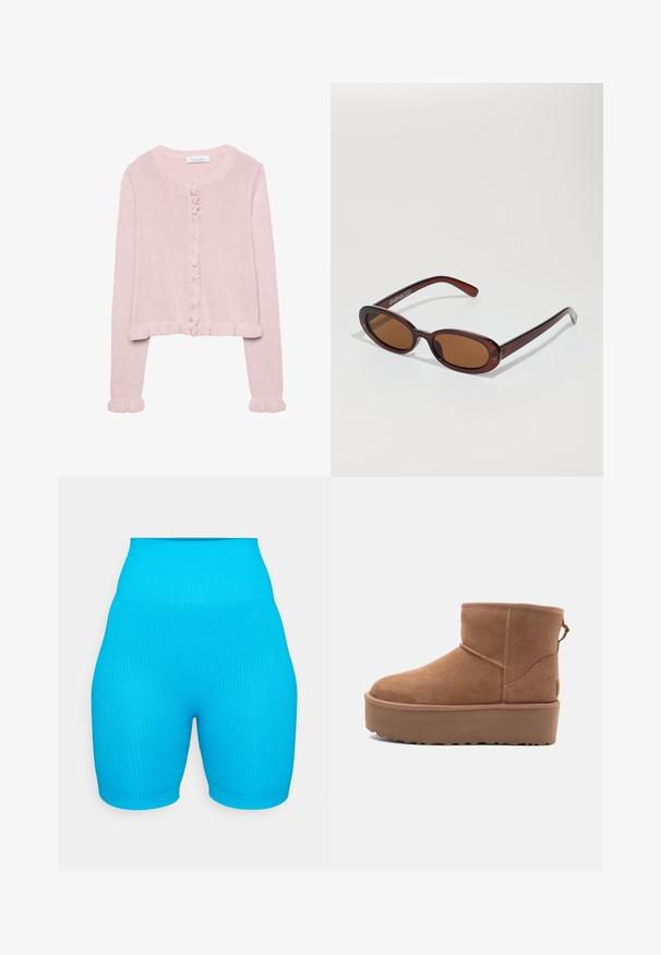 Ljusrosa stickad cardigan med rund halsringning, knappstängning framtill och volangdetaljer vid ärmsluten och nederkant. Mjuk textur, kort modell.; En enkel vit t-shirt i bomull med rund halsringning, korta ärmar och en avslappnad passform. Slät textur utan mönster eller detaljer.; Ribbad högmidjade shorts i starkblått, med en tight design och slät textur. Korta längd, med en bekväm elastisk midja.; Tan mockasköna med plattformssula, rund tå och broderade detaljer; har en dragflik baktill för enkel påtagning.; Runda, bruntonade solglasögon med en glansig bordeauxfärgad ram. Smala bågar med subtilt varumärkesdetalj. Platt linsdesign.; Brun totesäck gjord av slät material, med en stor framficka, två handtag och en förenklad, strukturerad design.