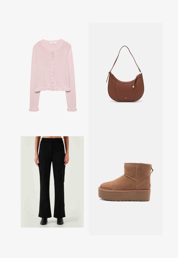 Ljusrosa stickad cardigan med rund halsringning, knappstängning framtill och volangdetaljer vid ärmsluten och nederkant. Mjuk textur, kort modell.; En enkel vit t-shirt i bomull med rund halsringning, korta ärmar och en avslappnad passform. Slät textur utan mönster eller detaljer.; Svart vida byxor i en mjuk och elastisk tygkvalitet, hög midja och subtila sömmar, parat med svarta ankelboots.; Tan mockasköna med plattformssula, rund tå och broderade detaljer; har en dragflik baktill för enkel påtagning.; Brun faux läder axelväska med rundad form, minimal sömnad och detaljer i guldfärgad hårdvara. Har en övre dragkedjestängning och justerbar rem.