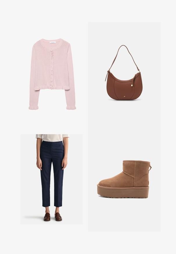 Světle růžový pletený kardigan s kulatým výstřihem, zapínáním na knoflíky a volány na manžetách a lemu. Hebký materiál, zkrácený střih.; Bílá jednobarevná bavlněná trička s kulatým výstřihem, krátkým rukávem a uvolněným střihem. Hladká textura bez vzorů nebo akcentů.; Námořnické kalhoty se rovný střih, vyrobené z hladké tkaniny, s plochým předním dílem a postranními kapsami. V kombinaci s hnědými mokasíny.; Hnědé semišové kotníkové boty s platformou, zaoblenou špičkou a prošíváním; mají poutko vzadu pro snadné obouvání.; Hnědá kabelka přes rameno z umělé kůže s zakřiveným tvarem, minimálním prošíváním a zlatým kovovým akcentem. Disponuje vrchním zipovým uzavíráním a nastavitelným popruhem.