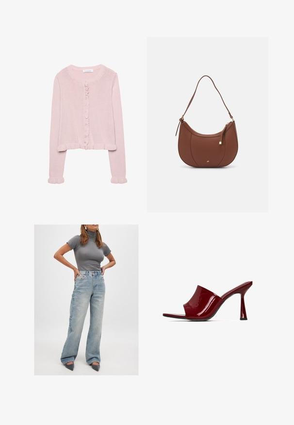 Jasnoróżowy sweter na guziki z okrągłym dekoltem, falbaniastym wykończeniem na mankietach i u dołu. Miękka tekstura, krótki krój.; Prosta, biała koszulka wykonana z bawełny, z okrągłym dekoltem, krótkimi rękawami i luźnym krojem. Gładka faktura, bez wzorów czy akcentów.; Kobieta stoi z rękami na biodrach, ubrana w dopasowany szary t-shirt z kołnierzykiem, jasnoniebieskie szerokie dżinsy oraz szare szpilki.; Czerwone skórzane mule na obcasie z otwartym palcem, zakrzywioną górą i smukłym obcasem. Gładka tekstura z błyszczącym wykończeniem i minimalistyczny design.; Brązowa torebka na ramię z eko-skóry o zaokrąglonym kształcie, z minimalnym przeszyciem i złotym akcentem na okuciach. Posiada zamek błyskawiczny u góry oraz regulowany pasek.