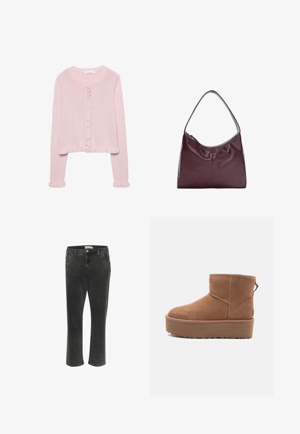 Svetlo roza pleteni kardigan z okroglo ovratnikom, sprednjim gumbom in nabranimi robovi na manšeti in spodu. Mehka tekstura, skrajšan kroj.; Navadna bela majica iz bombaža s krožnim izrezom, kratkimi rokavi in sproščenim krojem. Gladka tekstura brez vzorcev ali okrasov.; Črne denim hlace skrajšane dolžine z ravnim krojem, ki imajo sprednje žepi, gumbasto zapiranje in subtilno teksturo. Zasnovane za svestranost.; Bela antilopova gležnjača s platformom, okruglim vrhom i dekorativnim šavovima; ima uvučenu petlju straga za lakše oblačenje.; Burgundska usnjena hobo torba s ukrivljenim ročajem in mehko, teksturirano telo. Ima zadrgo in minimalne šive.