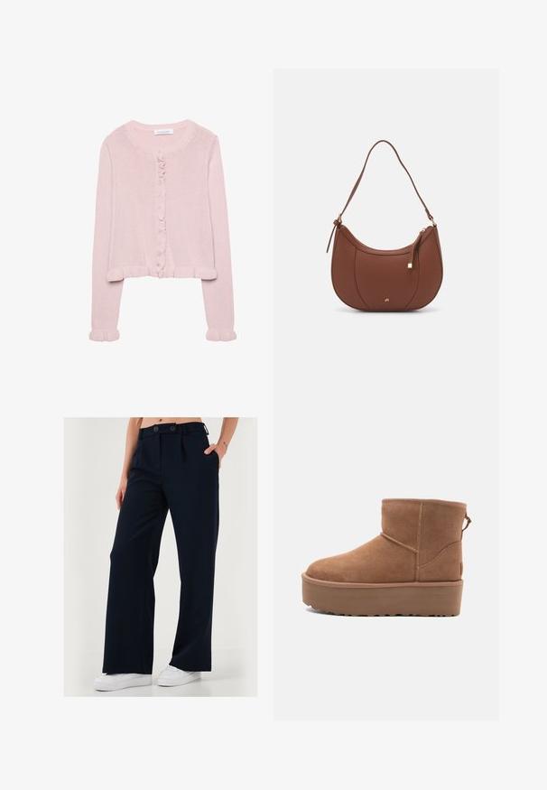 Svetlo roza pleteni kardigan z okroglo ovratnikom, sprednjim gumbom in nabranimi robovi na manšeti in spodu. Mehka tekstura, skrajšan kroj.; Navadna bela majica iz bombaža s krožnim izrezom, kratkimi rokavi in sproščenim krojem. Gladka tekstura brez vzorcev ali okrasov.; Široke hlače v temno modri barvi, narejene iz gladkega materiala, z dvogledečim zapiranjem in stranskimi žepi za urejen videz.; Bela antilopova gležnjača s platformom, okruglim vrhom i dekorativnim šavovima; ima uvučenu petlju straga za lakše oblačenje.; Rjava usnjena torbica z ramenskim ročajem, ukrivljene oblike, minimalnim šivom in zlato-tonirano kovinsko dekoracijo. Ima zgornje zapiranje na zadrgo in nastavljiv trak.