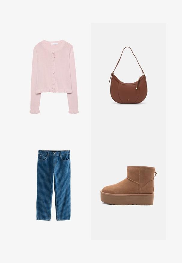 Vaaleanpunainen neulottu kardigan, jossa on pyöreä kaula-aukko, napit edessä ja röyhelöreunus hihoissa ja helmassa. Pehmeä rakenne, lyhyt malli.; Valkoinen t-paita, joka on valmistettu puuvillasta, pyöreällä pääntiellä, lyhyillä hihoilla ja rentona istuvuutena. Suora pinta ilman kuvioita tai koristeluita.; Siniset farkut, joissa on ruudullinen kuvio. Ominaisuuksiin kuuluu viisi taskua, vetoketju ja tavanomainen vyölenkki vyötäröllä. Rentoa leikkuuta, suora lahje.; Tan suede nilonini kidogo chukua na sahani ya jukwaa, mguu wenye umbo la duara, na mapambo ya kushona; inajumuisha kipande cha kubana nyuma kwa kuvaa kwa urahisi.; Ruskea keinonahkainen olkalaukku, jossa on kaareva muoto, minimaalinen ompelu ja kultasävyinen varuste. Varustettu ylhäältä avautuvalla vetoketjullisella suljennalla ja säädettävällä hihnalla.