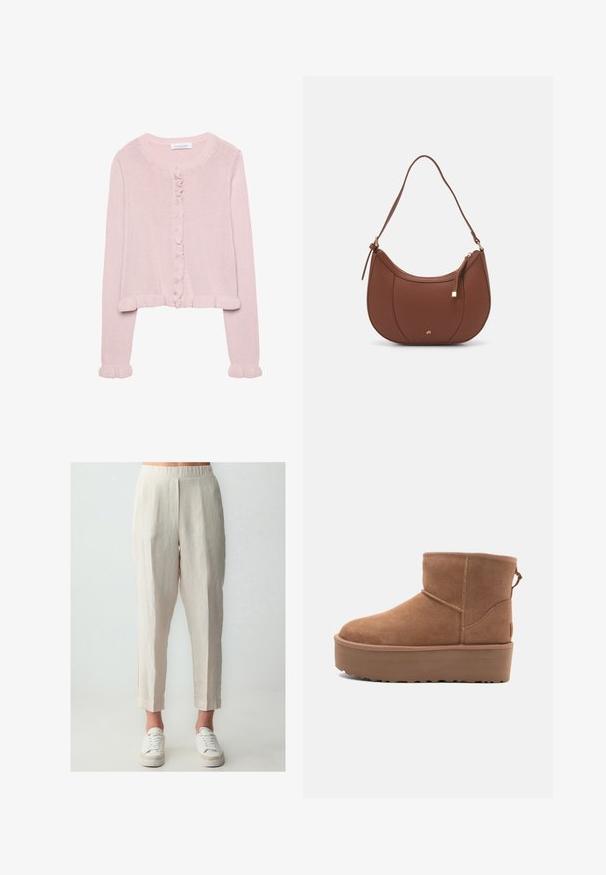 Light pink knitted cardigan with a round neckline, button front, and ruffled trim at the cuffs and hem. Soft texture, cropped fit.; Plain white t-shirt made of cotton with a round neckline, short sleeves, and a relaxed fit. Smooth texture with no patterns or accents.; Light beige linen pants with a relaxed fit, featuring an elastic waistband, side pockets, and slightly tapered hems. Styled with white sneakers.; Tan suede ankle boot with a platform sole, rounded toe, and stitching accents; features a pull tab at the back for easy wear.; Brown faux leather shoulder bag with curved shape, minimal stitching, and a gold-tone hardware accent. Features a top zipper closure and adjustable strap.