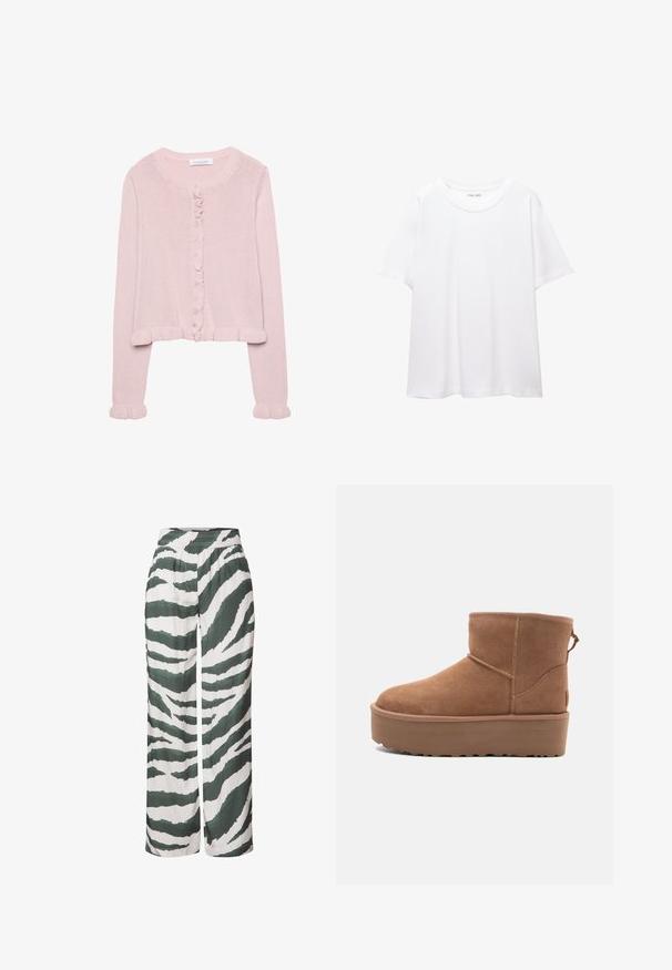 Jasnoróżowy sweter na guziki z okrągłym dekoltem, falbaniastym wykończeniem na mankietach i u dołu. Miękka tekstura, krótki krój.; Prosta, biała koszulka wykonana z bawełny, z okrągłym dekoltem, krótkimi rękawami i luźnym krojem. Gładka faktura, bez wzorów czy akcentów.; Szerokie spodnie z lekkiego materiału, z zielono-białym wzorem w paski zebry. Elastyczny pasek w talii zapewniający luźny krój.; Beżowe zamszowe botki za kostkę z platformą, zaokrąglonym noskiem i akcentami w postaci przeszyć; posiadają pętelkę z tyłu dla ułatwienia zakładania.