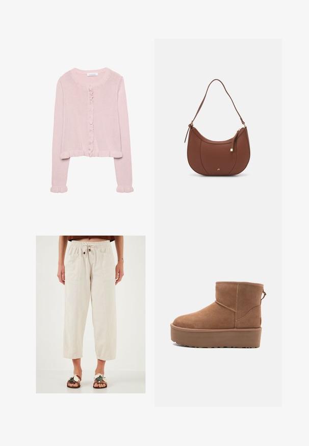 Lichtroze gebreide cardigan met een ronde halslijn, knoopsluiting en gerimpelde afwerking bij de manchetten en de zoom. Zachte textuur, cropped pasvorm.; Effen wit T-shirt van katoen met een ronde hals, korte mouwen en een relaxte pasvorm. Glad textuur zonder patronen of accenten.; Beige, lichtgewicht, wijde broek met een elastische tailleband, drawstring en twee voorkruiszakken. Getextureerde stof met een relaxte pasvorm.; Tan suède enkellaars met een platformzool, ronde neus en stiksels; heeft een trekband aan de achterkant voor gemakkelijke instap.; Bruine faux leren schoudertas met een gebogen vorm, minimale stiksels en een gouden hardware-accent. Voorzien van een bovenste ritsluiting en een verstelbare schouderband.