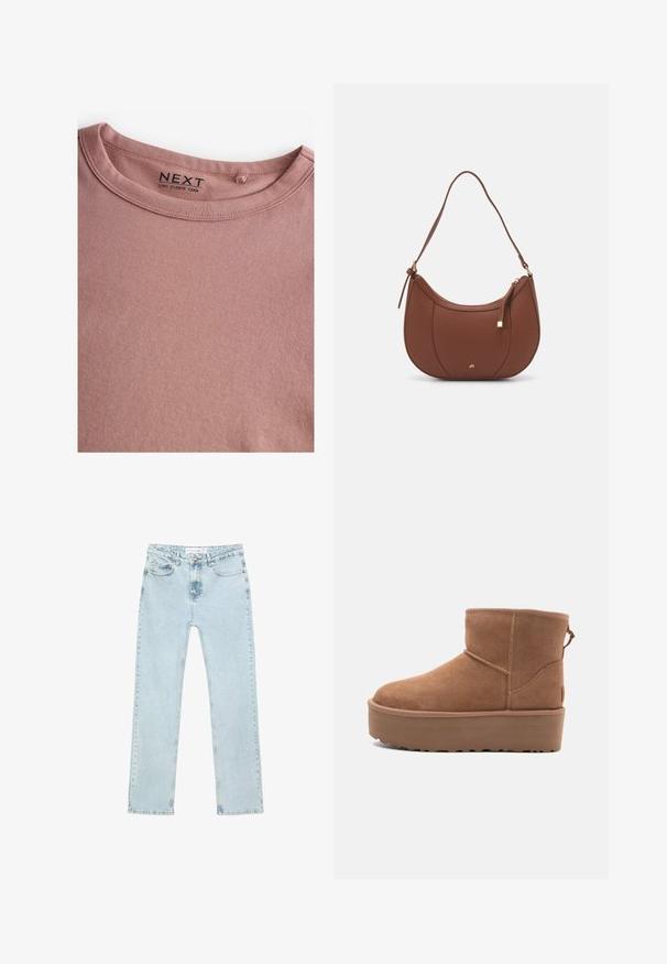 Svetloružový pletený kardigán s okrúhlym výstrihom, gombíkovým zapínaním a volánovým lemom na rukávoch a na spodnom leme. Mäkká textúra, skrátený strih.; Dlhý rukáv, tričko s okrúhlym výstrihom v jemnej ružovej látke, s bezšvovým golierom a štítkom s označením "NEXT". Hladká textura, bez vzorov.; Svetlomodré rovné džínsy vyrobené z denimu. Majú predné vrecká, zips s gombíkom a viditeľné švy pozdĺž okrajov.; Hnedé semišové členkové čižmy s platformou, okrúhlou špičkou a zdobením stehov; majú slučku zozadu pre jednoduché obúvanie.; Hnedá umelá kožená taška cez rameno s zakriveným tvarom, minimalistickým šitím a zlatými akcentami. Obsahuje zips na vrchu a nastaviteľný popruh.