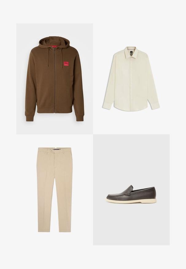 Brun zip-up hoodie med kängurufickor, justerbar dragkedja huva och röd rektangulär patch märkt "HUGO" på bröstet.; BOSS JOE KENT - Kostymskjorta - open white eleven; Beige skräddarsydda byxor med rak passform, försedda med knappstängning, bälteshällor och två framfickor. Tillverkade av bomullstyg med en slät yta.; Bruna läder slip-on skor med en strukturerad yta och en kontrasterande ljusbeige sula, med en rundad tå och minimal stickningsdetaljer.