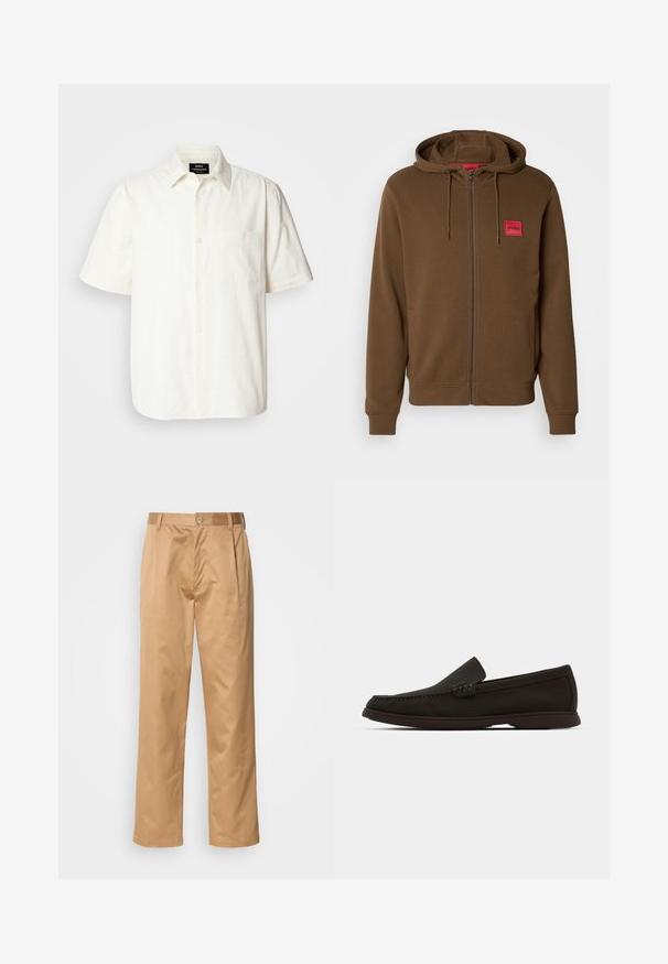 Brun zip-up hoodie med kengurulommer, justerbar snorhætte og rød rektangulær lap med teksten "HUGO" på brystet.; Kortærmet, knappet skjorte i off-white stof med en lomme på venstre bryst og klassisk kravedesign. Glat tekstur.; Khaki bukser, blanding af bomuld, lige ben-design, frontfald, bæltesløjfer og knaplukning. Glat tekstur uden mønstre.; Mørkebrun ruskinds slip-on loafers med en stitched tå, lavprofil gummisål og strukturerede detaljer på overdelen.