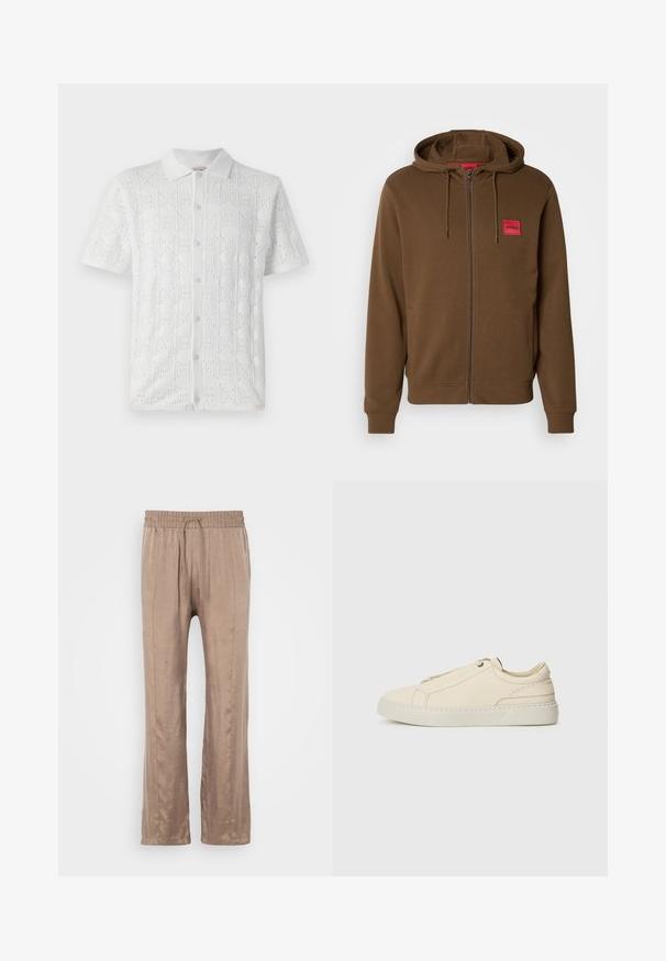 Haut à capuche zippé marron avec poches kangourou, capuche réglable à cordon de serrage, et une étiquette rectangulaire rouge portant le nom "HUGO" sur la poitrine.; Chemise blanche à manches courtes avec un motif à grille texturé et de petites perforations, présentant un col et cinq boutons sur le devant.; Pantalon large de couleur marron clair, en tissu lisse, avec une taille élastique dotée d'un cordon de serrage et deux plis devant.; Baskets en cuir beige avec une toe arrondie, un design minimaliste, des détails de couture subtils et une tige texturée, sur une semelle claire.