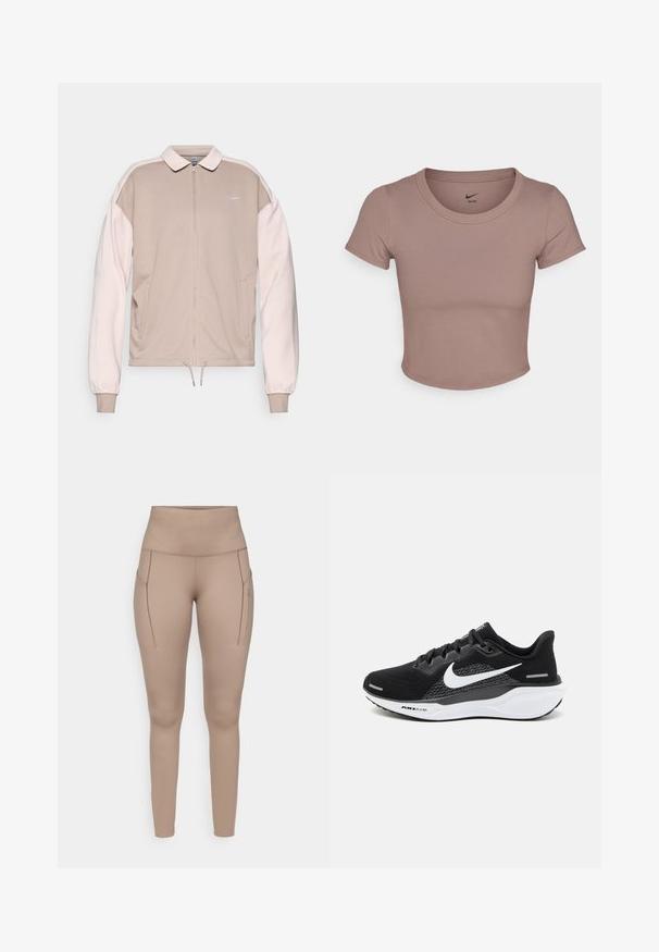 Jachetă Nike cu fermoar, de culoare bej, cu mâneci roz deschis, având guler, manșete elastice și tiv cu șnur. Logo brodat pe piept.; Tricou scurt maro, confecționat dintr-un material neted, cu decolteu rotund și mâneci scurte. Logo-ul Nike imprimat pe interiorul gulerului.; Tighturi atletice bej cu talie înaltă, având două buzunare laterale și un material neted, elastic. Detaliu subtil al logo-ului în gri.; Pantof de atletism negru, cu un superior din plasă, un logo Nike alb și o talpă albă cu amortizare, având detalii texturate.