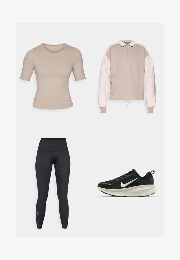 Nike zip-up jakke i beige med lyserøde ærmer, med krave, elastiske manschetter og en snøre i kanten. Broderet logo på brystet.; Beige kortærmet top i en tætsiddende design, lavet af glat stof med rund hals. Har minimal syning detaljer og et mærke i kanten.; Sorte træningsleggings lavet af strækbart materiale, med høj talje, sidelomme og teksturerede horisontale striber på det ene ben.; Sort Nike løbesko med åndbart mesh-overdel, hvidt swoosh-logo, tekstureret detaljering og en cremede ZoomX mellemsål.