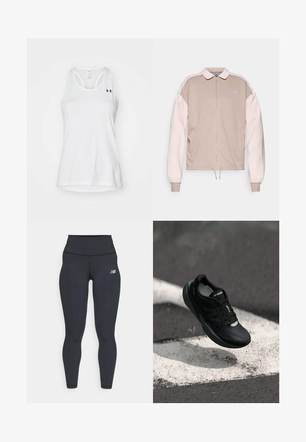 Beżowa kurtka Nike z zamkiem błyskawicznym i jasnoróżowymi rękawami, z kołnierzem, elastycznymi mankietami i ściągaczem u dołu. Haftowane logo na klatce piersiowej.; Biały sportowy top na ramiączkach wykonany z oddychającej siateczki. Posiada okrągły dekolt oraz design typu racerback. Zawiera małe czarne logo na piersi.; Czarne legginsy sportowe z wysokim stanem, o gładkiej fakturze i małym białym logo New Balance na udzie.; Czarne buty do biegania z teksturowaną cholewką, smukłym designem i odblaskowymi akcentami. Posiadają miękką, amortyzującą podeszwę dla komfortu.