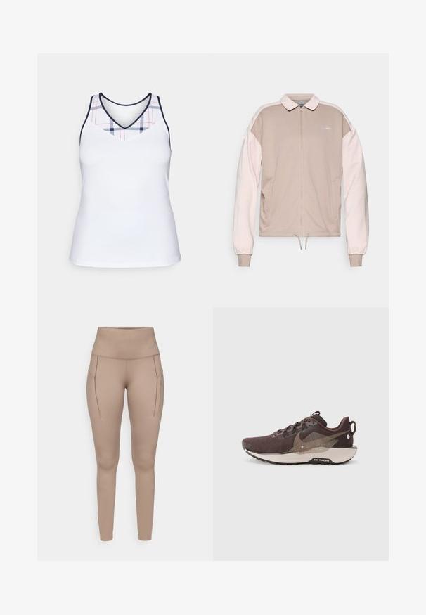 Beżowa kurtka Nike z zamkiem błyskawicznym i jasnoróżowymi rękawami, z kołnierzem, elastycznymi mankietami i ściągaczem u dołu. Haftowane logo na klatce piersiowej.; Biała sportowa koszulka na ramiączkach z dekoltem w serek, z górną częścią w kratkę w kolorze granatowym i czerwonym. Gładki, lekki materiał.; Beżowe legginsy sportowe z wysokim stanem, wyposażone w dwie boczne kieszenie oraz gładki, elastyczny materiał. Dyskretny detal z logo w odcieniu szarości.; Ciemnobrązowe buty do biegania z teksturowaną siatką na cholewce, kontrastującymi jasnobrązowymi akcentami, segmentowaną podeszwą oraz elementami odblaskowymi.