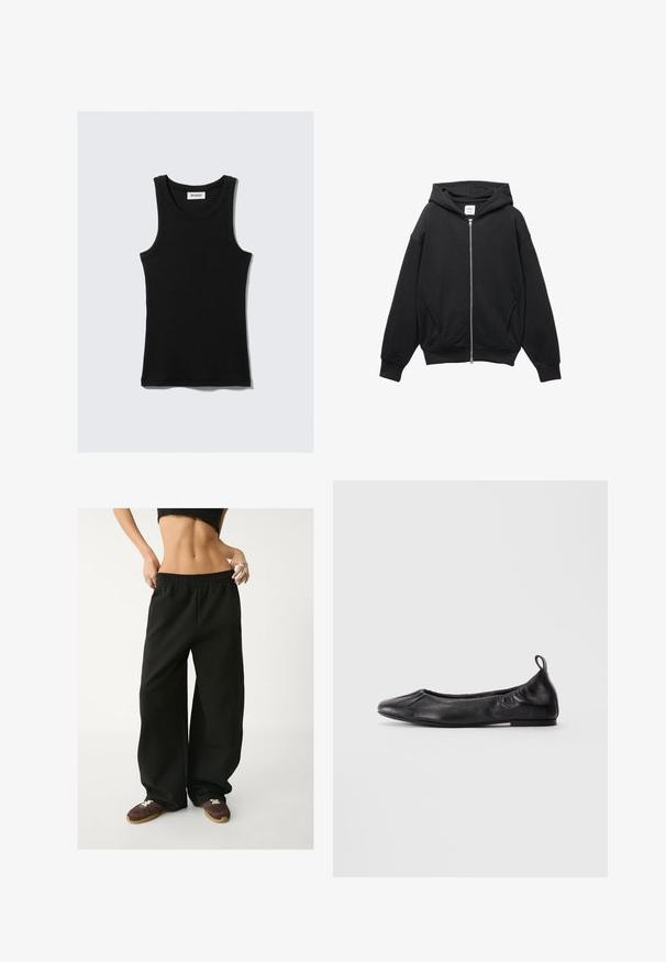 Black zip-up hoodie made of soft cotton blend, featuring a hood, ribbed cuffs, and large side pockets with a relaxed fit.; Black cotton tank top with a rounded neckline, wide shoulder straps, and a fitted silhouette. Features the brand label in white.; Black, wide-leg sweatpants with an elastic waistband. Made from soft fabric, featuring a relaxed fit. Paired with brown sneakers.; Black leather ballet flat with rounded toe, gathered elastic sides, and a pull tab at the heel, displayed on a light background.