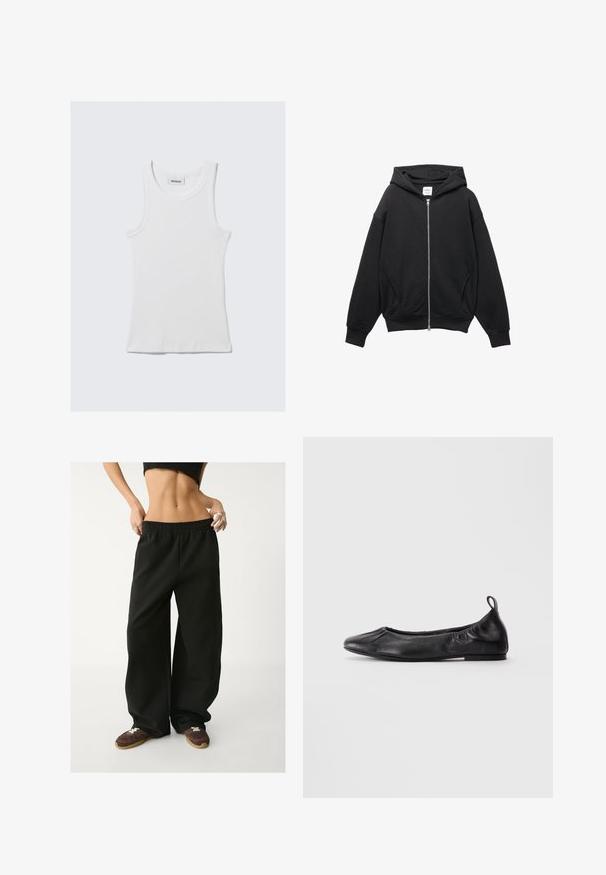Schwarze Zip-Hoodie aus einer weichen Baumwollmischung, mit Kapuze, gerippten Bündchen und großen Seitentaschen in lockerer Passform.; Weißes Baumwoll-Top mit gerippter Textur, ärmellosem Design und rundem Ausschnitt. Mit einem Etikett am Hals mit der Aufschrift "WEEKDAY."; Schwarze, weite Jogginghosen mit elastischem Taillenbund. Hergestellt aus weichem Stoff und mit lockerer Passform. Kombiniert mit braunen Turnschuhen.; Schwarze Leder-Ballettschuhe mit runder Spitze, gerafften elastischen Seiten und einer Schlaufe an der Ferse, auf einem hellen Hintergrund präsentiert.