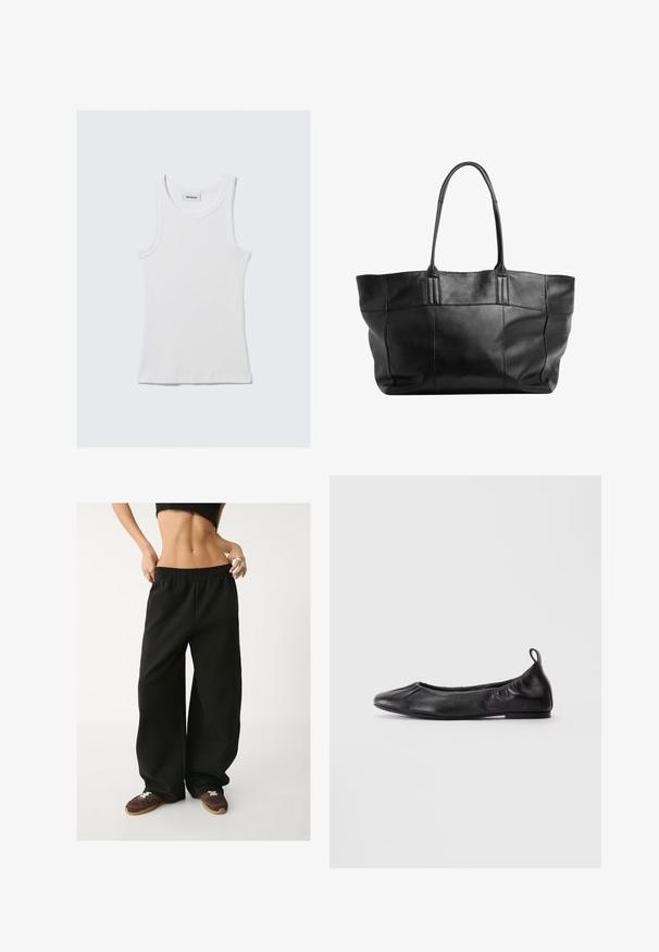 Crna dukserica na zip, napravljena od mekog pamuka, s kapuljačom, rebrastim manžetama i velikim bočnim džepovima, s opuštenim krojem.; Bijela pamučna majica bez rukava sa rebrastom teksturom, okruglim izrezom i bez rukava. Na vratu se nalazi oznaka s natpisom "WEEKDAY."; Crne široke trenirke s elastičnim pojasom. Napravljen od mekanog materijala, s opuštenim krojem. Upareno s smeškastim tenisicama.; Crne kožne baletanke s okruglim vrhom, nabranim elastičnim stranama i petom s izvlačenjem, prikazane na svijetloj pozadini.; Still Nordic STILLBASIC SHOPPER - Velika torba - black