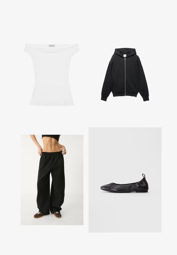 Sort zip-up hættetrøje lavet af blød bomuldsblanding, med hætte, ribbede manchetter og store sidelommer med en afslappet pasform.; Off-the-shoulder hvid top lavet af glat stof, tætsiddende silhuet og rund udskæring. Etiket på midten af toppen siger "ANNA FIELD."; Svarte, vide sweatpants med elastisk talje. Lavet af blødt stof og med en afslappet pasform. Parret med brune sneakers.; Sort læder balletflade med rund tå, samlede elastiske sider og en løftestrop ved hælen, vist på en lys baggrund.