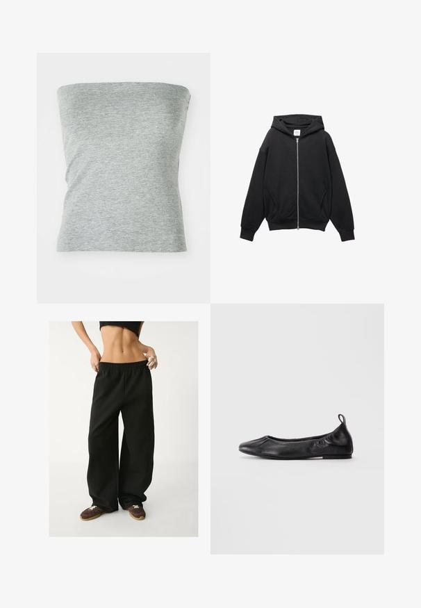 Felpa nera con zip realizzata in morbido cotone misto, dotata di cappuccio, polsini a costine e ampie tasche laterali, con una vestibilità comoda.; Top grigio senza spalline realizzato in un tessuto morbido ed elastico. Presenta un design semplice con una superficie liscia e senza cuciture visibili.; Pantaloni sportivi neri a gamba larga con vita elasticizzata. Realizzati in tessuto morbido, presentano una vestibilità rilassata. Abbinati a sneakers marroni.; Ballet flat nera in pelle con punta arrotondata, lati elasticizzati arricciati e linguetta sul tallone, esposta su uno sfondo chiaro.