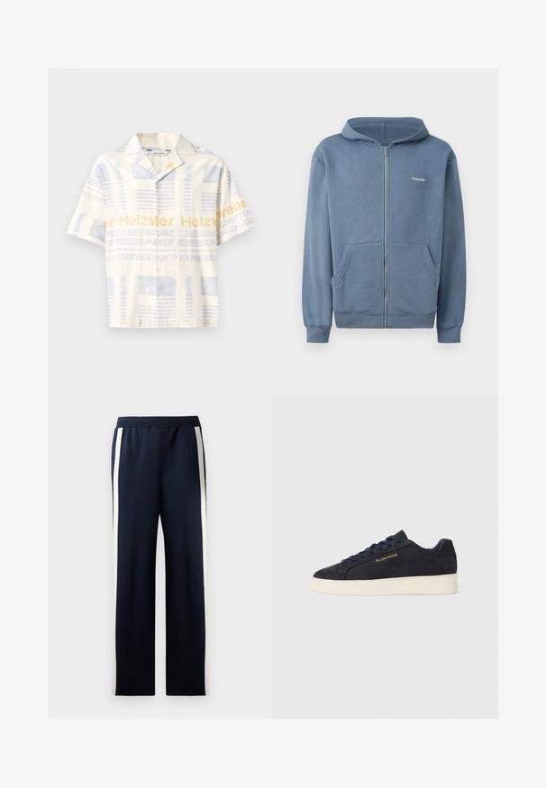 Mėlyna zip-up striukė pagaminta iš minkštos medžiagos, su priekiniais užtrauktukais, dviem kišenėmis ir raštuotais rankogaliais. Mažas logotipas ant krūtinės.; Šviesiai smėlio spalvos trumpomis rankovėmis mygtukinis marškinėliai su mėlynu ir geltonu grafiniu raštu, kuriame yra teksto motyvai ir laisvo stiliaus dizainas.; Jūrų laivyno kelnės su plačia kojų forma, su vertikaliomis smėlio spalvos juostelėmis šoninėse dalyse. Pagamintos iš minkštos, tekstūrinės medžiagos, su elastinga juosmens juosta.; Tamsiai mėlynos zomšos žemos batai su balta siaura, tamsiai mėlynais raišteliais ir auksiniu logotipu „Filling Pieces“ šone.