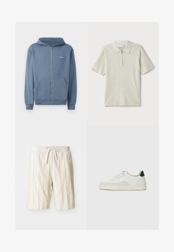 Sinine tõmbluku kapuutsiga pusa, mis on valmistatud pehmest kangast. Esiküljel on tõmblukk, kaks taskut ja soonikkoes mansetid. Rinnas väike logo.; Lühikeste varrukatega polo särk heles beeži värviga, millel on tõmblukk kaeluses. Valmistatud siledast kangast, minimalistlik ja kaasaegne disain ilma mustriteta.; Valged kerged lühikesed püksid, millel on vertikaalsed triibud oranžis, kollases ja rohelises. Omab elastset vööd, millel on nööriga sulgemine.; Valged tennisjalanõud, millel on sametised aktsendid, ümar varvas, lame nöörid ja kreemjas kummine põhja. Hästi nähtav roheline bränding kannal.