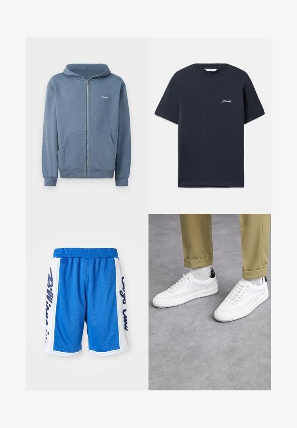 Niebieska bluza z zamkiem, wykonana z miękkiego materiału, z przednim suwakiem, dwiema kieszeniami i ściągaczami na rękawach. Małe logo na piersi.; Granatowa bawełniana koszulka z krótkim rękawem. Posiada białe haftowane logo marki na lewej piersi. Klasyczny okrągły dekolt.; Niebieskie siatkowe spodenki sportowe z elastycznym paskiem w talii, z białymi panelami bocznymi i czarnymi napisami po obu stronach.; Białe sneakersy z fakturowaną skórzaną wykończeniem, okrągłym noskiem i czarnym akcentem na pięcie. Gumowa podeszwa z małym wzorem bieżnika i przeszyciem.