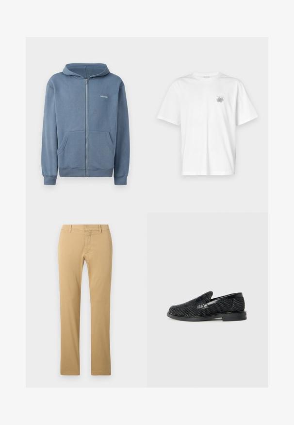 Blauwe ritshoodie van zacht materiaal, met een frontrits, twee zakken en geribbelde manchetten. Klein logo op de borst.; Witte t-shirt van katoen met korte mouwen, een ronde hals, en een klein grijs logo op de linker borstzijde. Soepele textuur.; Beige katoenen chino's met een recht model, featuring een platte voorkant, riemlussen en een verborgen ritsluiting.; Zwartegeweven instap schoenen met een glad leren accent aan de bovenkant, een ronde neusontwerp en een laag profiel rubberen zool.