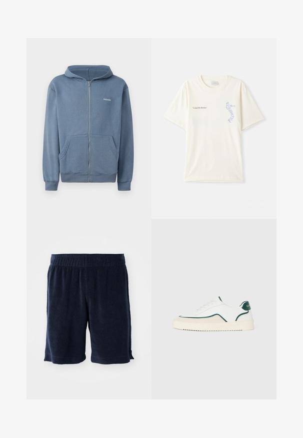 Blauwe ritshoodie van zacht materiaal, met een frontrits, twee zakken en geribbelde manchetten. Klein logo op de borst.; Witte katoenen t-shirt met korte mouwen, met de tekst "United By Rhythm" in zwart en blauwe graphics op de borst. Rond halsontwerp.; Navyblauwe badstof shorts met een elastische tailleband, knielang en zijzakken. Zachte textuur en eenvoudig ontwerp.; Witte lage sneakers met groene accenten, beige suede details en een crème-kleurige zool met een geribbelde onderkant.