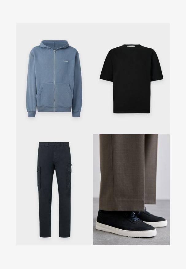 Blå hettejakke med glidelås laget av myk stoff, med glidelås foran, to lommer, og ribbede mansjetter. Lite logo på brystet.; Svart T-skjorte med kort erm og V-halsdesign, laget av glatt stoff. Enkelt snitt, rett kant, og minimalistisk stil.; Cargo bukser i mørk marineblå, lavet af bomuld. Har to sidelommer med klapper, lynlås i front og lige ben. Glat tekstur.; Svarte suedeglans sneakers med hvite gummisåler, med rund tå og lisser, iført grå skreddersydde bukser.