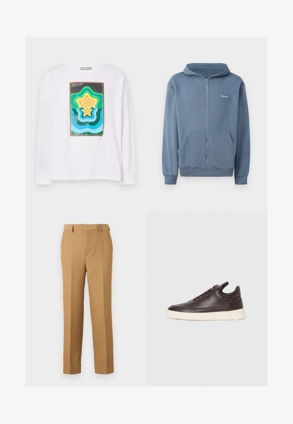 Blauwe ritshoodie van zacht materiaal, met een frontrits, twee zakken en geribbelde manchetten. Klein logo op de borst.; Witte lange mouwen t-shirt met een kleurrijke geometrische print met gelaagde stervormen in groen, geel en blauw, omrand door een donkere rand.; Beige broek gemaakt van geweven stof, met een rechte snit, platte voorkant en riemlussen. Soepele textuur zonder zichtbare patronen.; Donkerbruin gestructureerd leren sneaker met vetersluiting en een witte gegroefde rubberen zool tegen een effen lichte achtergrond.