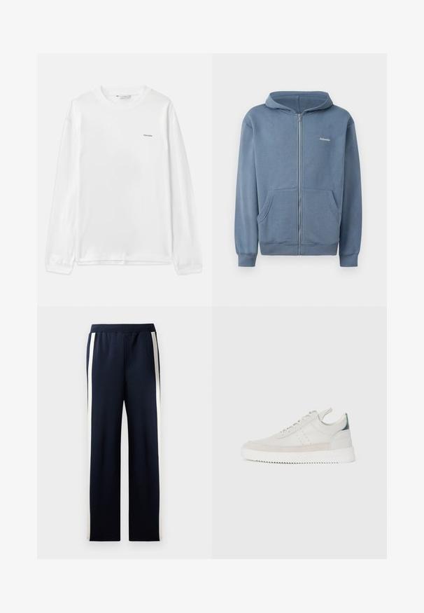 Kék, cipzáros kapucnis pulóver puha anyagból, elöl cipzárral, két zsebbel és bordázott mandzsettával. Kis logóval a mellkason.; Fehér, hosszú ujjú pamut ing. Jellemzi a kerek nyak, bordázott mandzsetták és egy kicsi "Holzweiler" logó a bal mellen. Puha tapintású.; Tengerészek színű, széles lábbetétű melegítőnadrág, az oldalán függőleges krémszínű csíkkal. Puha, texturált anyagból készült, elasztikus derékrésszel.; Fehér bőr sportcipők szürke bársonyos részletekkel, fűzős kivitelben, hátul húzófüllel és texturált gumi talppal, amelyen zikk-zakk minta található.