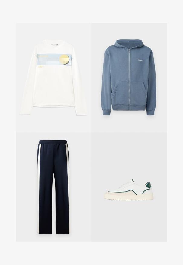 Mėlyna zip-up striukė pagaminta iš minkštos medžiagos, su priekiniais užtrauktukais, dviem kišenėmis ir raštuotais rankogaliais. Mažas logotipas ant krūtinės.; Balta ilga rankovė marškinėlių užsakyta su mėlynu grafiniu juostu, geltonu apvaliu dizainu ir užrašais "Holzweiler" bei "VASARA 25 SAULĖ." Minkšta medvilnė.; Jūrų laivyno kelnės su plačia kojų forma, su vertikaliomis smėlio spalvos juostelėmis šoninėse dalyse. Pagamintos iš minkštos, tekstūrinės medžiagos, su elastinga juosmens juosta.; Balti žemi baltos sportbačiai su žaliais apvadais, smėlio spalvos zomšos detalėmis ir kreminės spalvos padas su struktūriniais raštais.